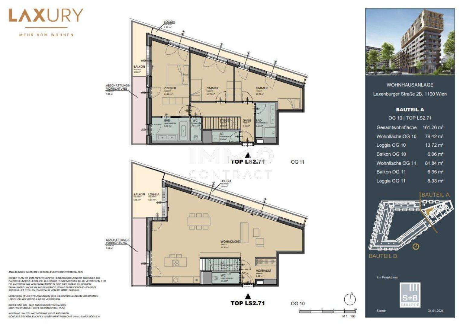 Detaillierter Grundriss einer Wohnung mit mehreren Zimmern, Balkon und Loggia auf zwei Ebenen.