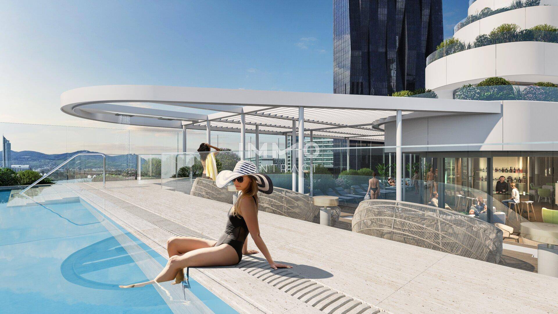 Exklusiver Poolbereich auf dem Dach mit Liegeflächen und Blick auf die moderne Skyline.