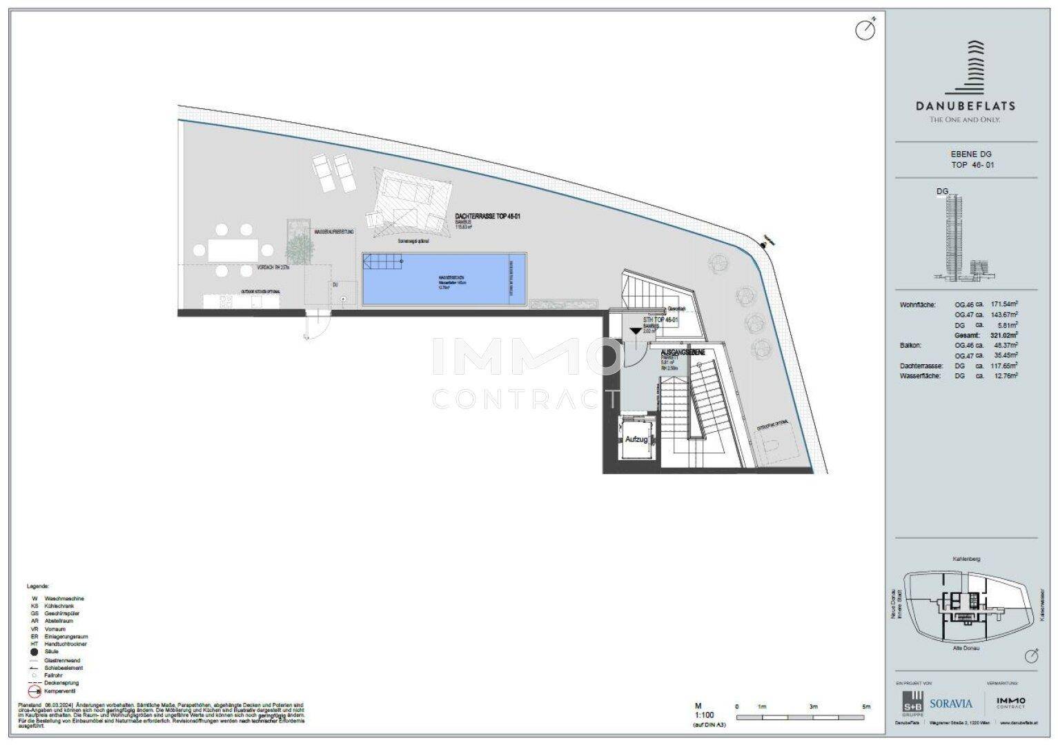 Grundriss der Dachterrasse, Top 46-01, mit Pool, Essbereich und Lounge-Bereich.