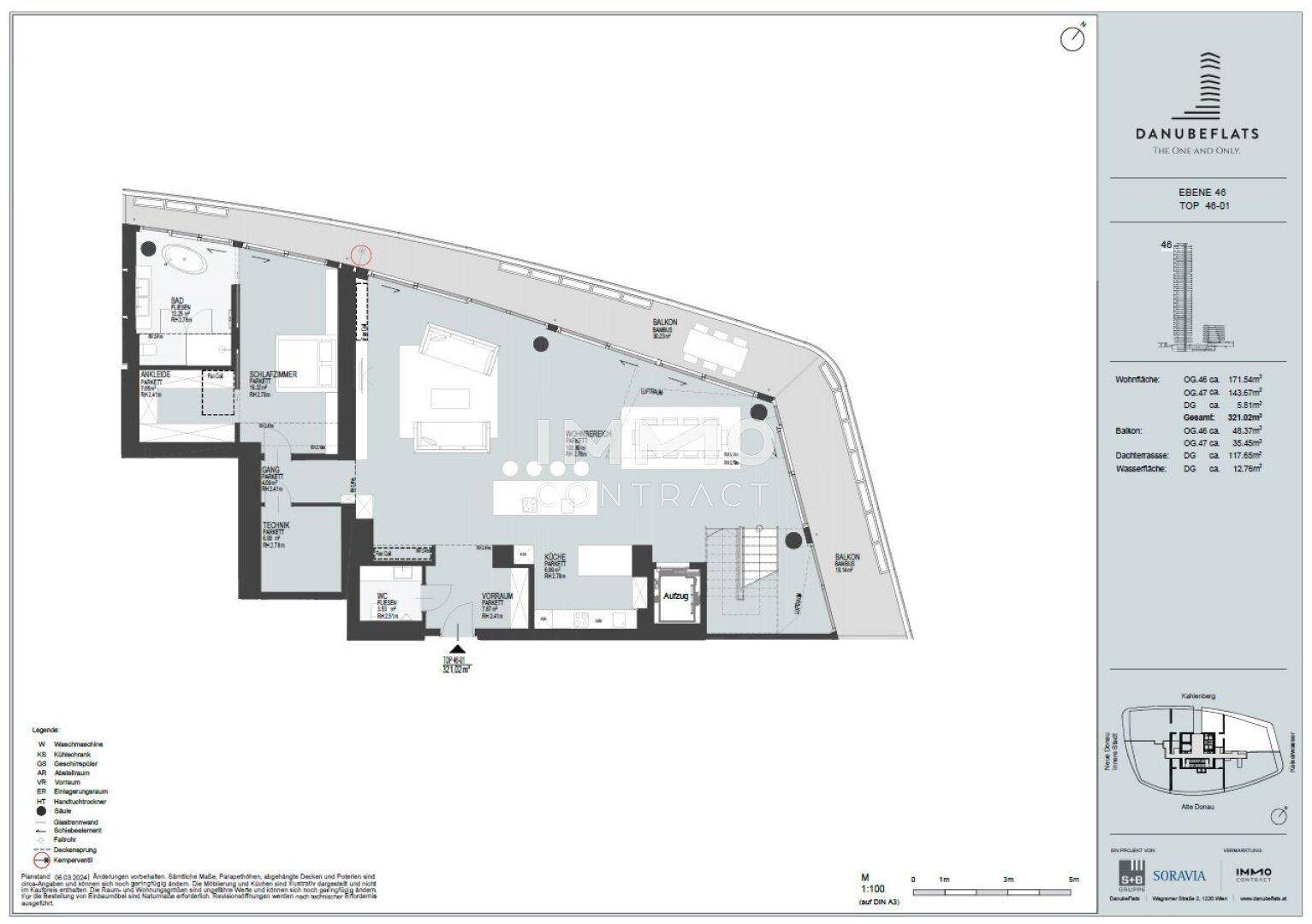 Grundriss der Ebene 46, Top 46-01, mit Schlafzimmern, Bädern und Balkon.
