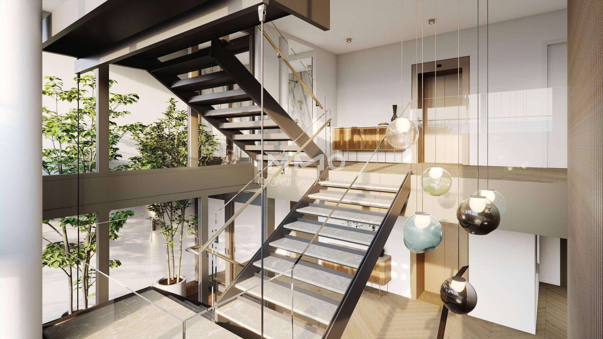 Modernes Treppenhaus mit offener Bauweise, Glasgeländer und dekorativen Hängelampen.