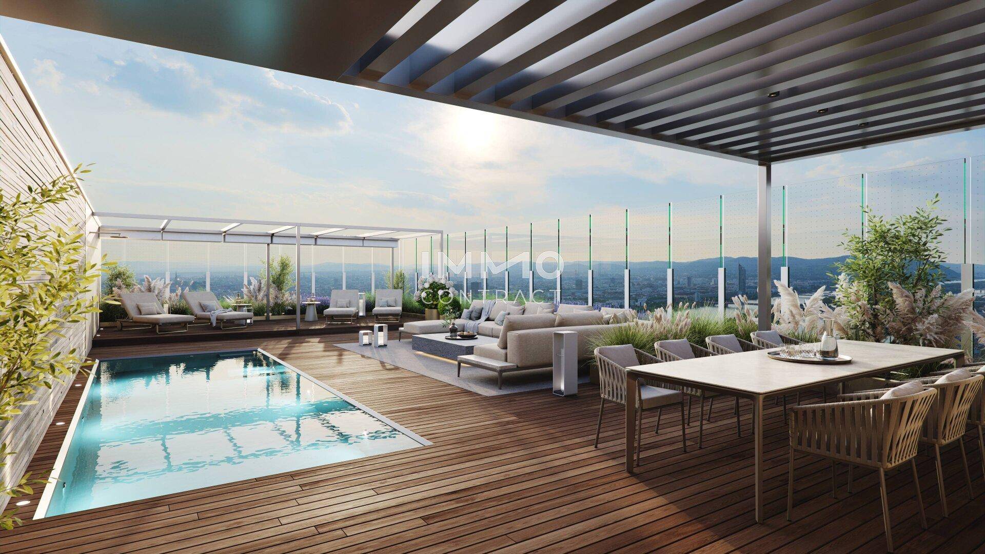 Exklusive Dachterrasse mit Infinity-Pool, Lounge-Bereich und Essplatz unter einer Pergola.