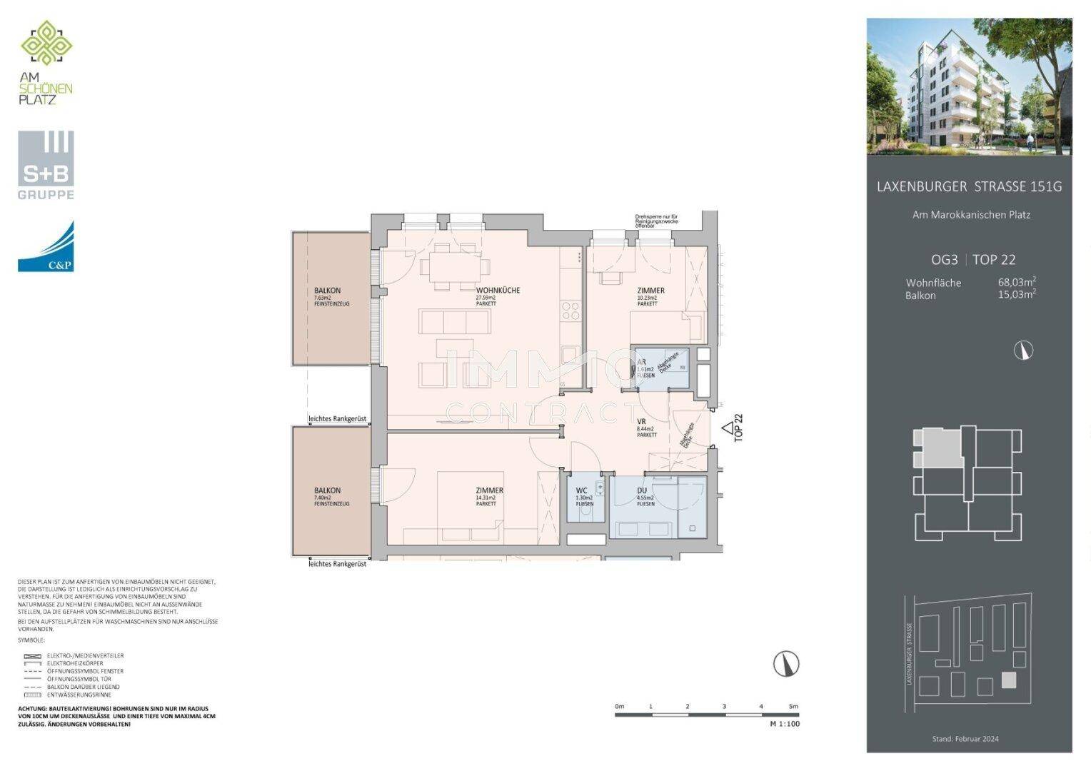 Grundriss einer Wohnung mit offenem Wohnbereich, zwei Schlafzimmern und zwei Balkonen.