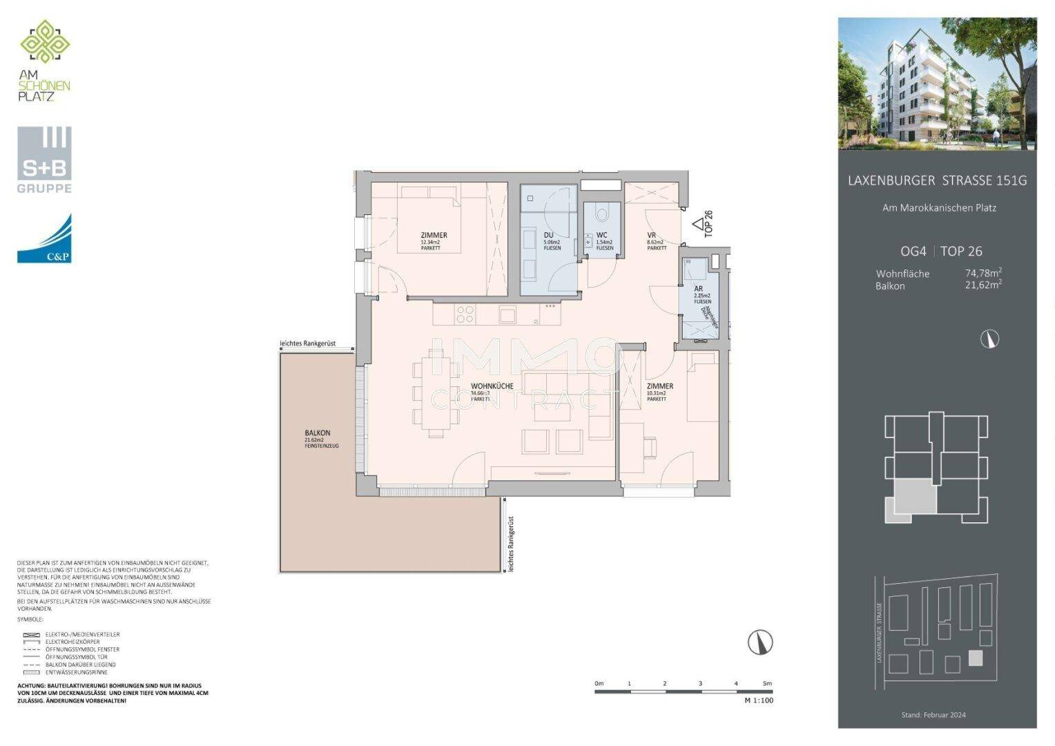 Detaillierter Grundriss einer Wohnung mit Wohnküche, zwei Zimmern und Balkon.
