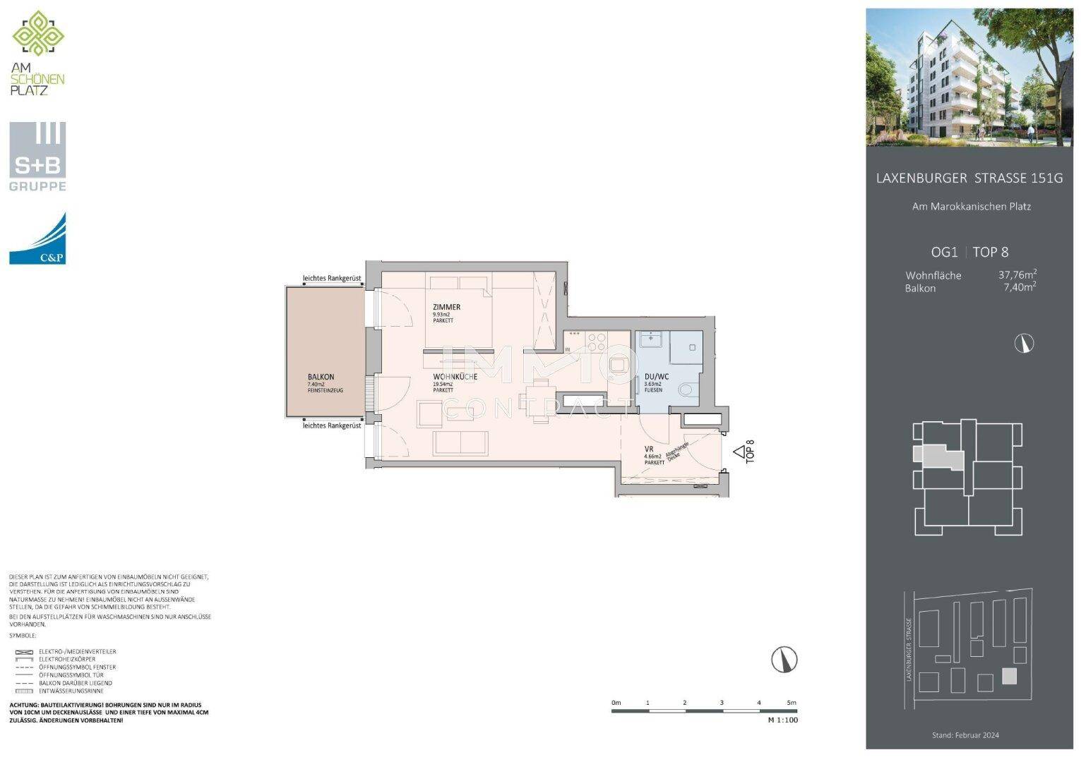 Detaillierter Grundriss einer Wohnung mit Balkon und offenem Wohnbereich.