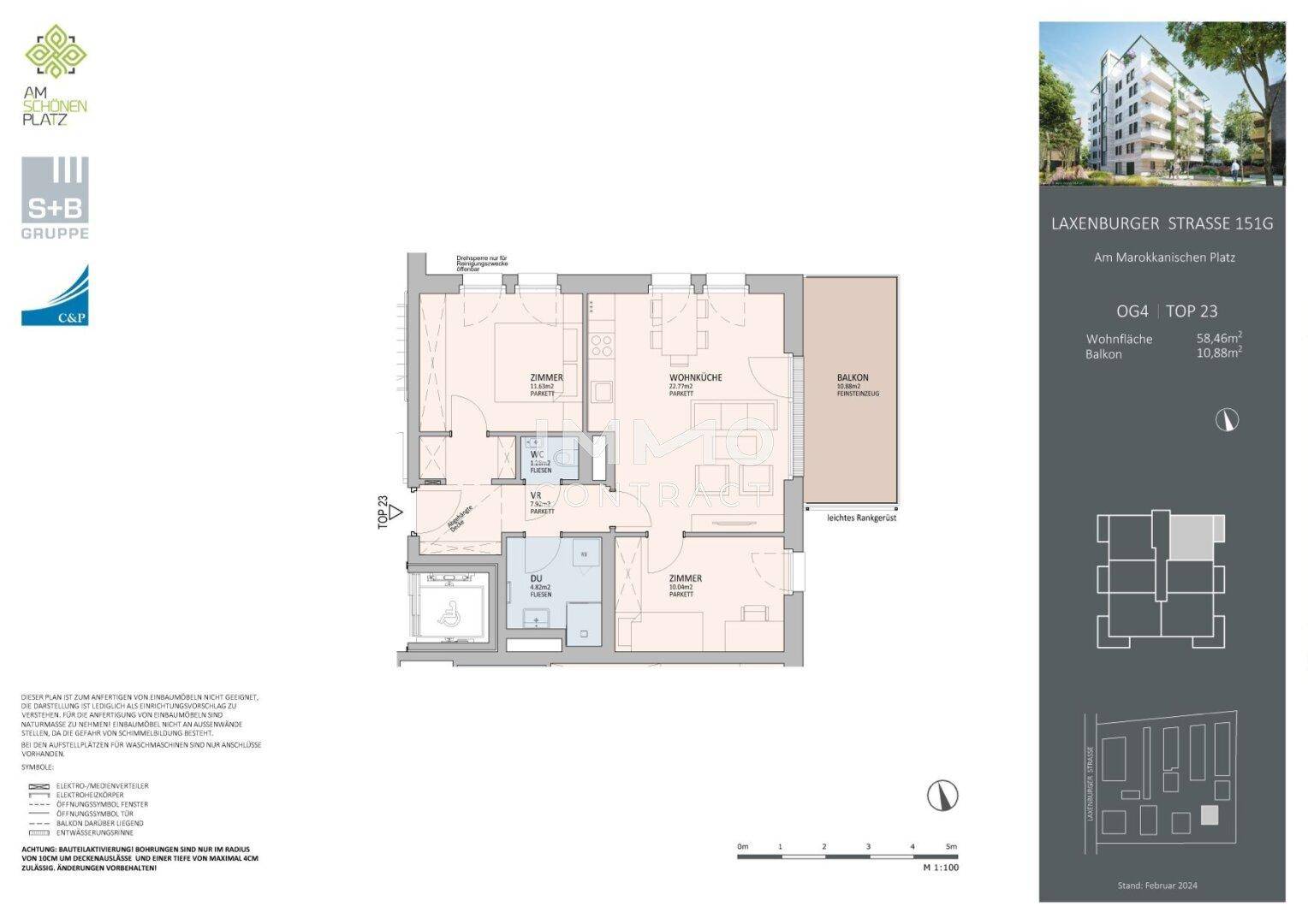 Grundriss der Wohnung Top 23 mit 58,46m² Wohnfläche und Balkon.