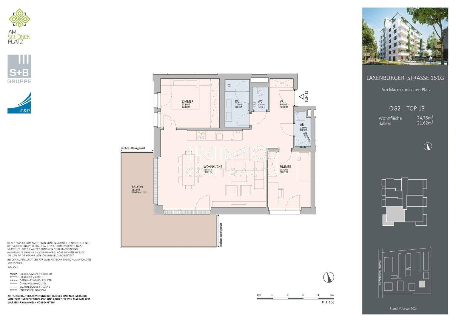 Grundriss einer Wohnung mit offener Wohnküche, zwei Zimmern, Bad, separatem WC und Balkon.