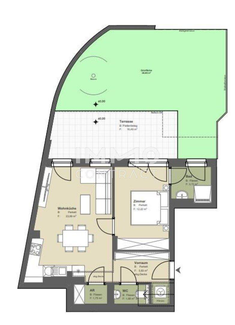 Grundriss einer Wohnung mit offener Wohnküche, Schlafzimmer, Bad und großer Terrasse.