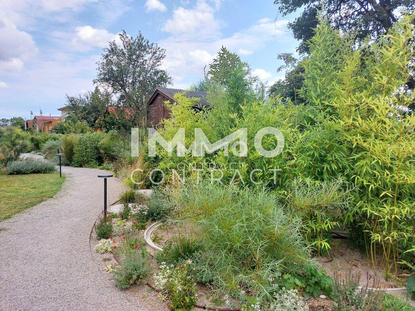 Geschwungener Gartenweg umgeben von vielfältiger Bepflanzung und Bäumen in einer ruhigen Umgebung.
