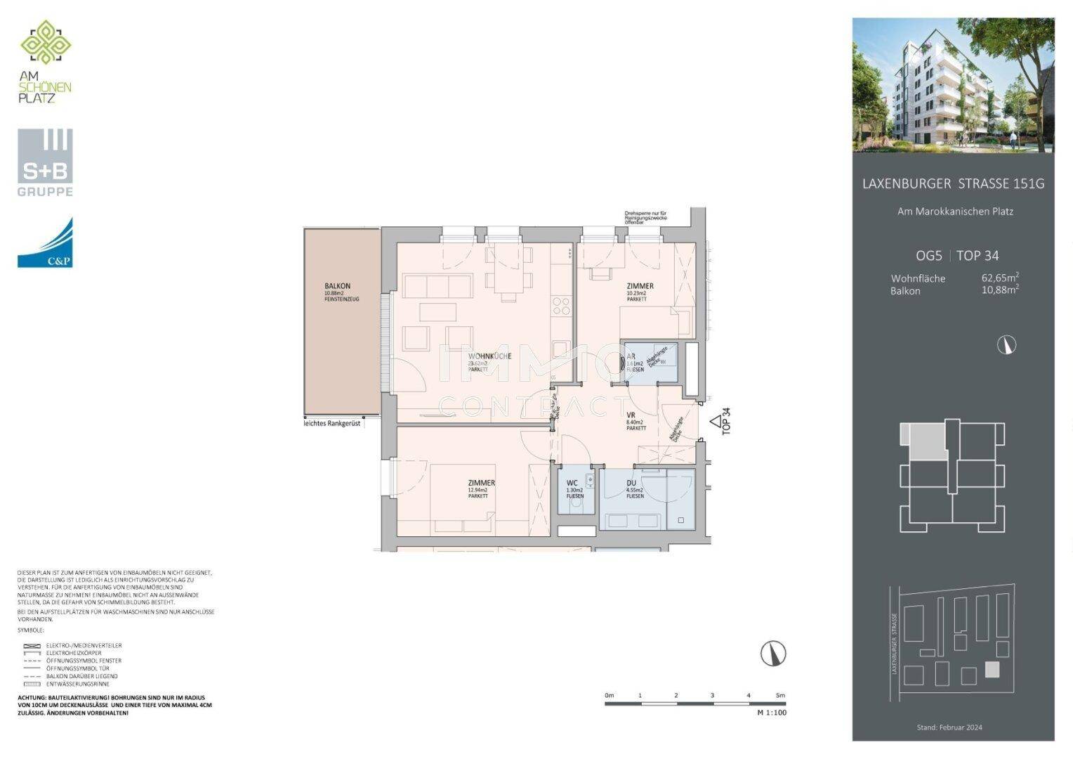 Grundriss einer Wohnung mit Balkon, zwei Schlafzimmern und offenem Wohnbereich.