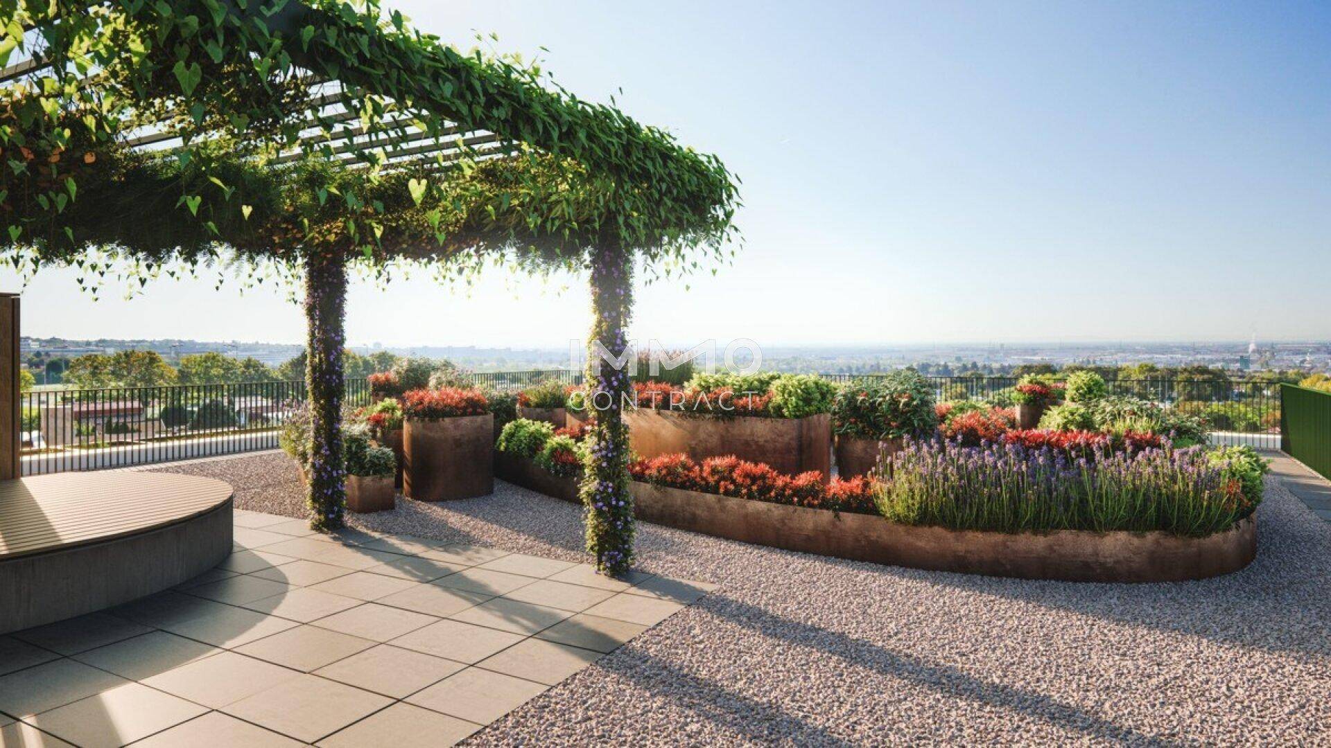 Begrünte Dachterrasse mit Pergola, integrierten Sitzgelegenheiten und weitem Ausblick.