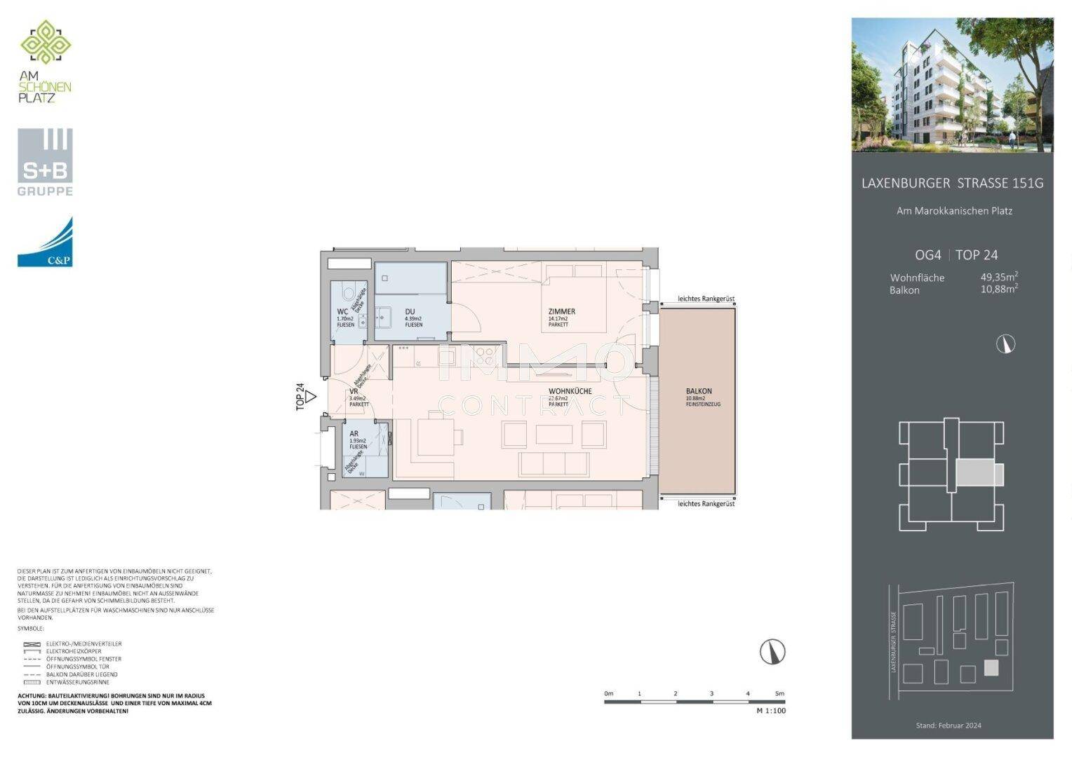 Grundriss einer Wohnung mit einem Schlafzimmer, offenem Wohnbereich und Balkon.