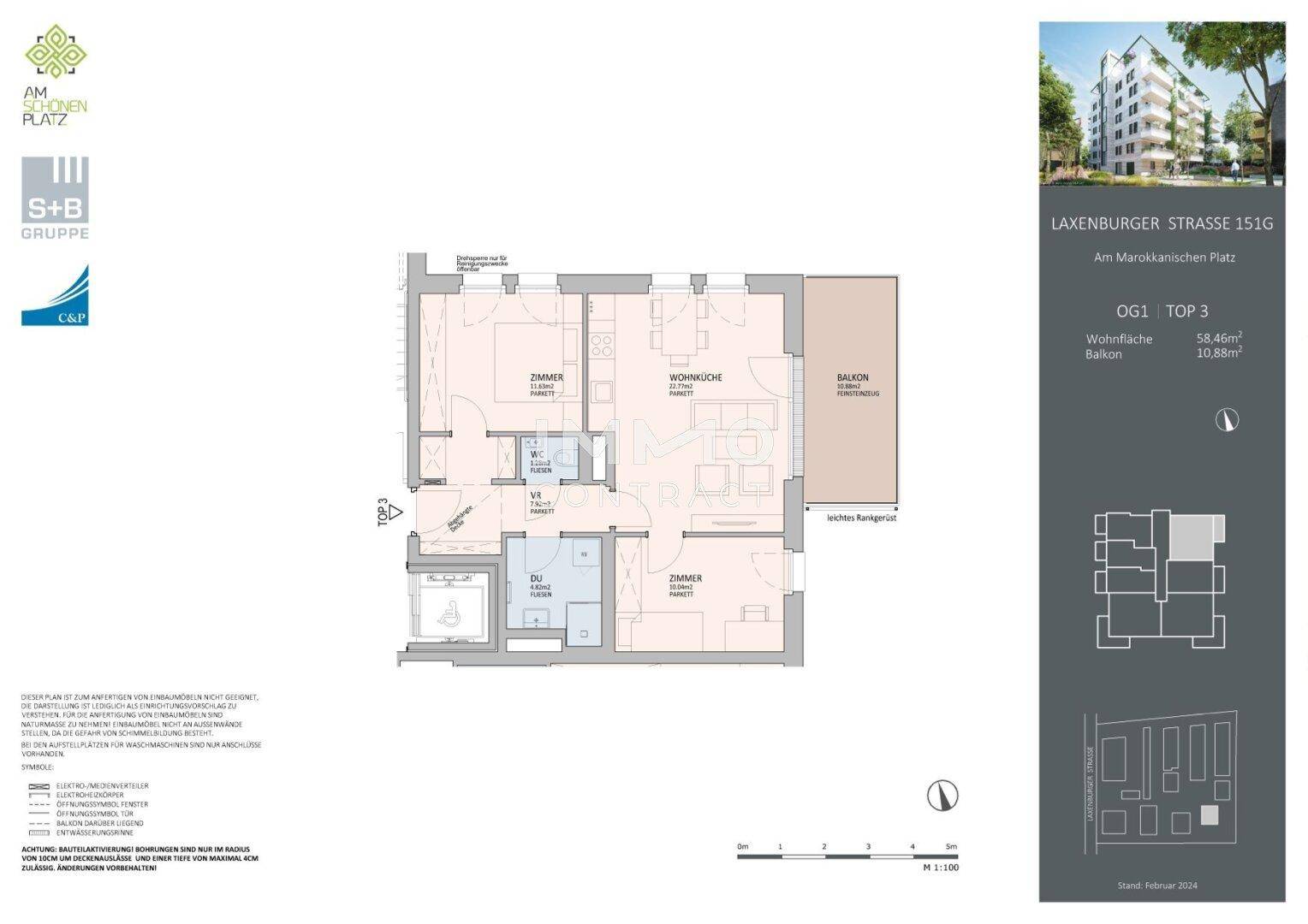 Grundriss einer Wohnung mit Wohnküche, zwei Zimmern und Balkon.