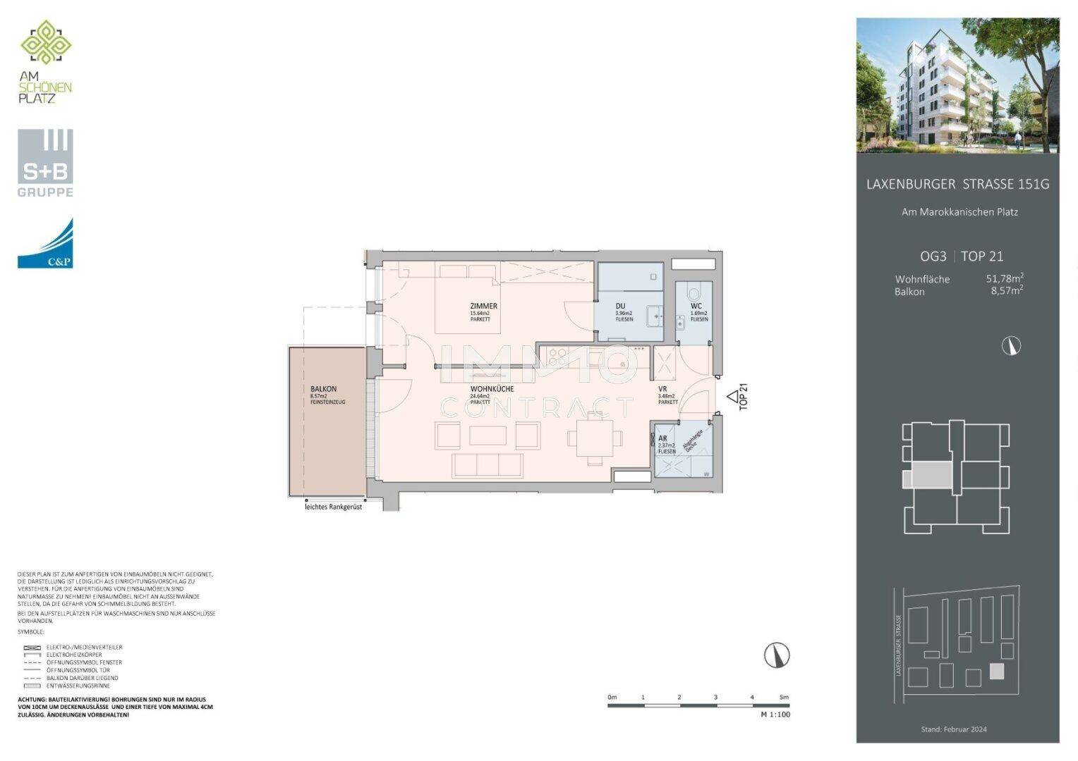 Grundriss einer Wohnung mit Balkon, Wohnküche und separatem Zimmer auf 51,78 m².