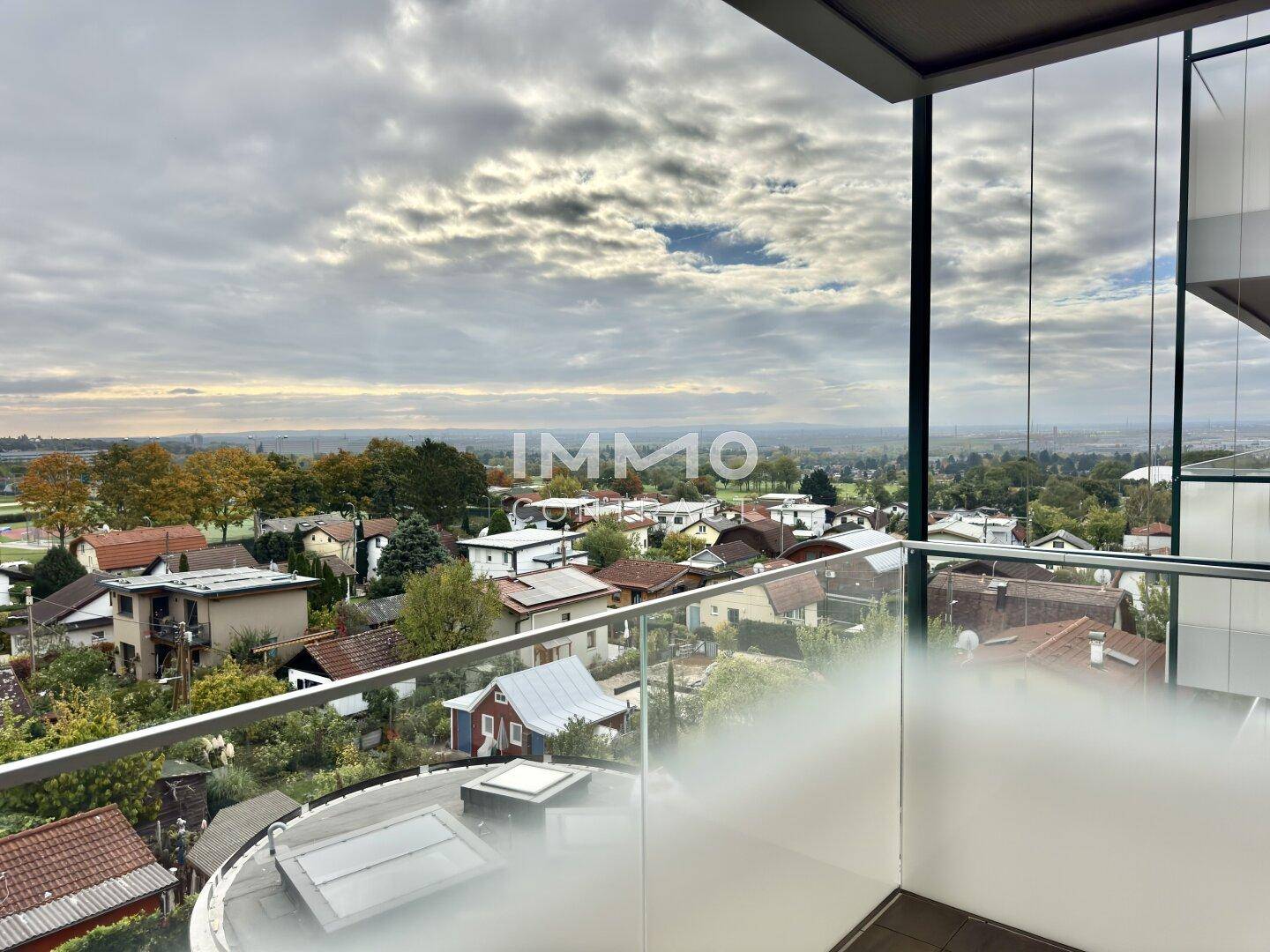 Balkon mit Glasgeländer und Panoramablick über die umliegende Wohnbebauung an einem bewölkten Tag.