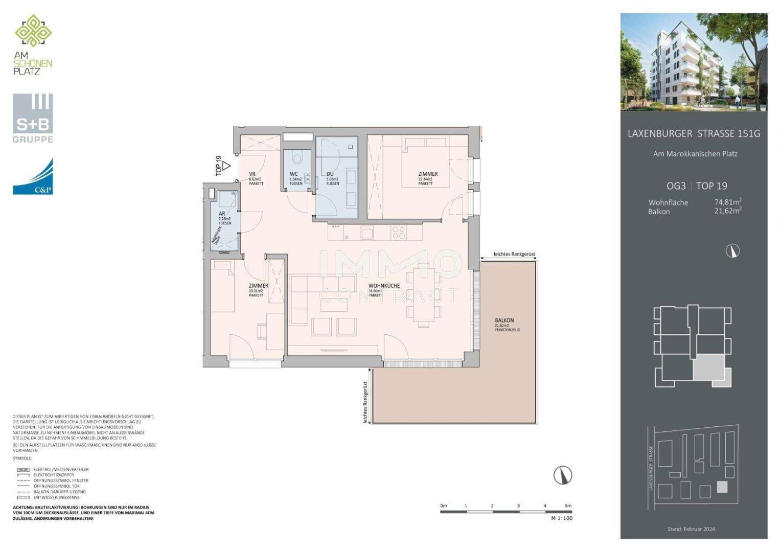 Grundriss einer Wohnung mit Wohnfläche von 74,81 m² und einem Balkon von 21,62 m².