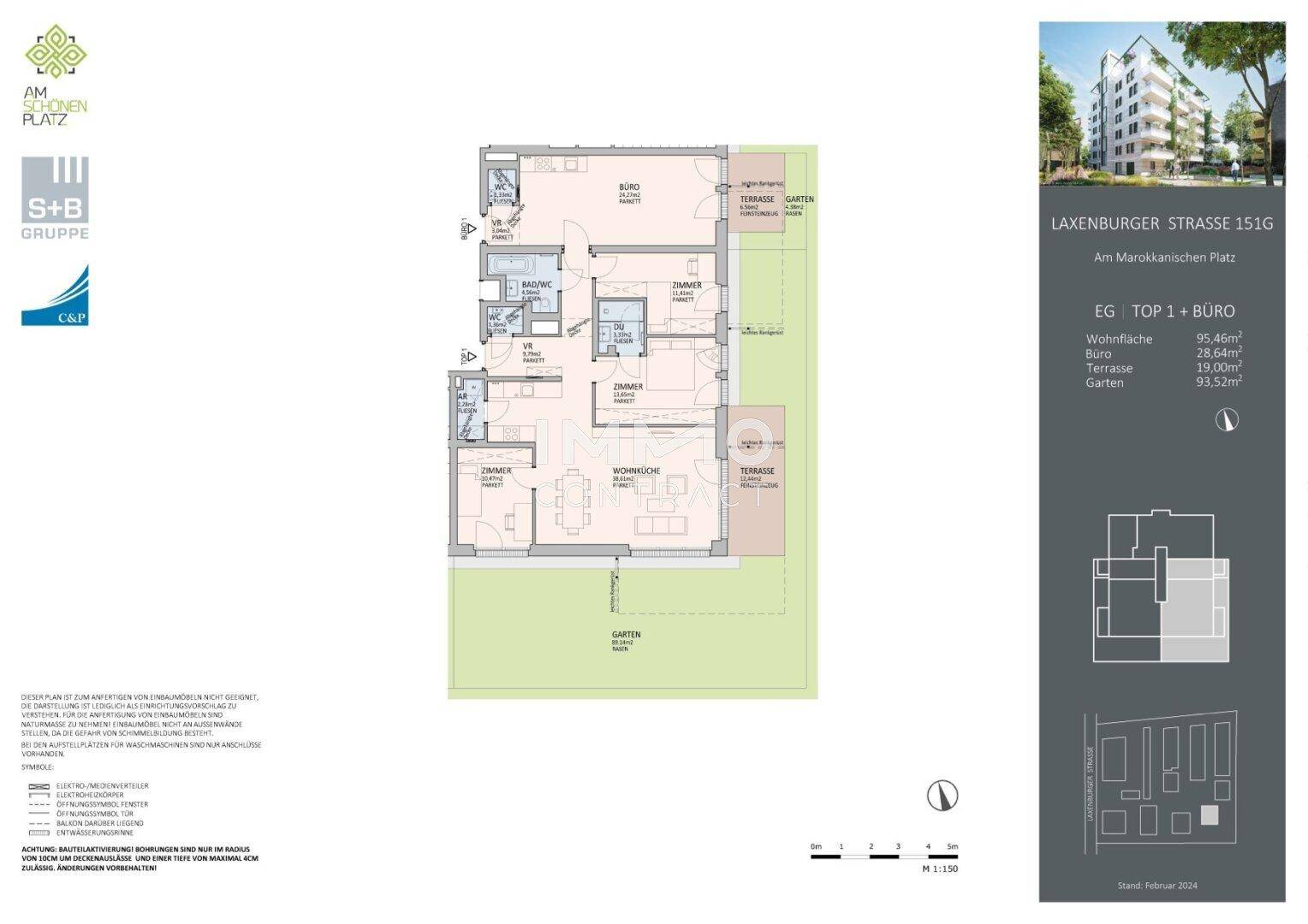 Detaillierter Grundriss einer Wohnung mit Garten und Terrasse, zeigt die Raumaufteilung.
