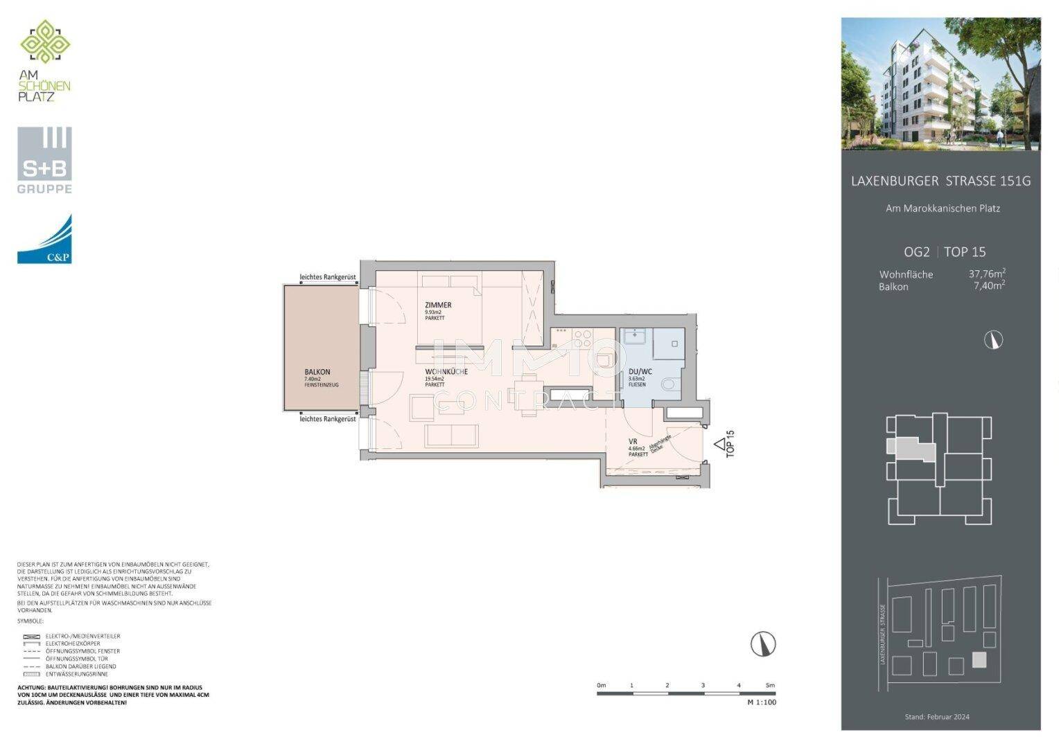 Grundriss einer Wohnung mit Balkon, Schlafzimmer und offenem Wohnbereich.
