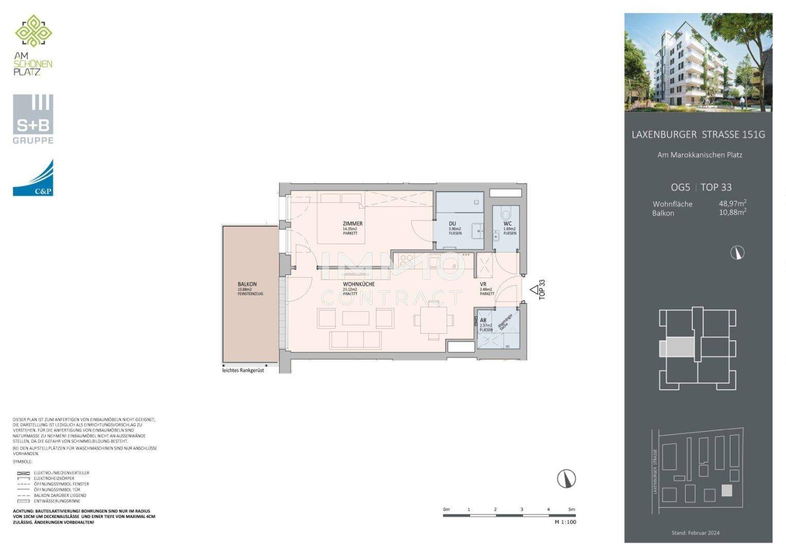 Grundriss einer Wohnung mit Wohnküche, Schlafzimmer und Balkon, Gesamtfläche 48,97m².