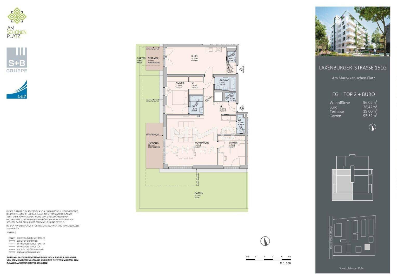 Grundriss einer Wohnung mit drei Zimmern, Terrasse und Garten auf 96,02 m² Wohnfläche.