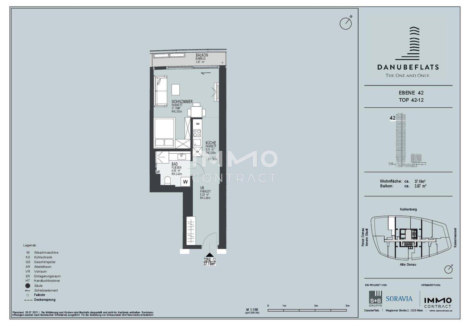 Grundriss einer Wohnung im 42. Stock mit Balkon, Küche und Bad.