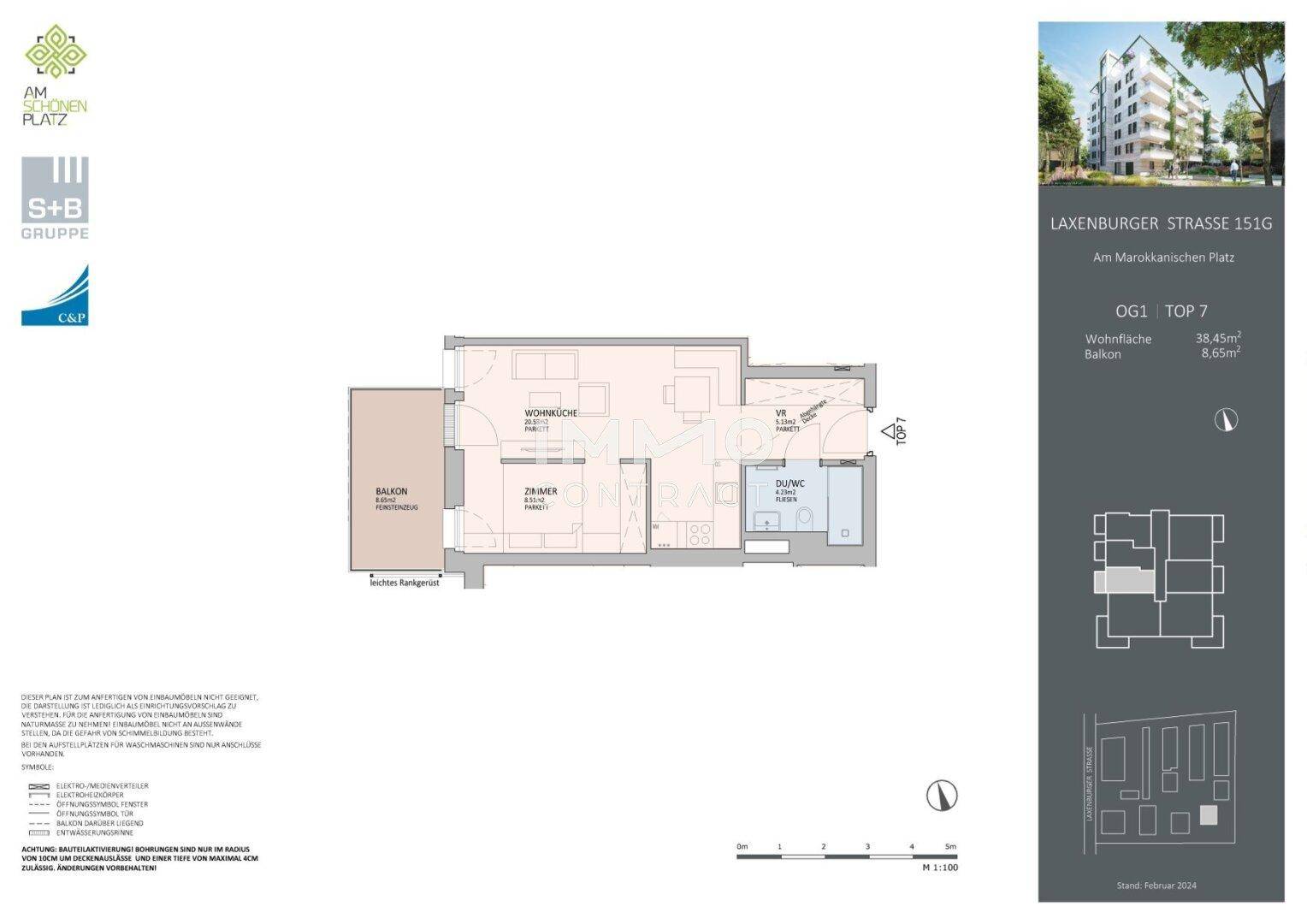 Grundriss einer Wohnung mit Wohnküche, Schlafzimmer und Balkon, Gesamtfläche 38,45m².