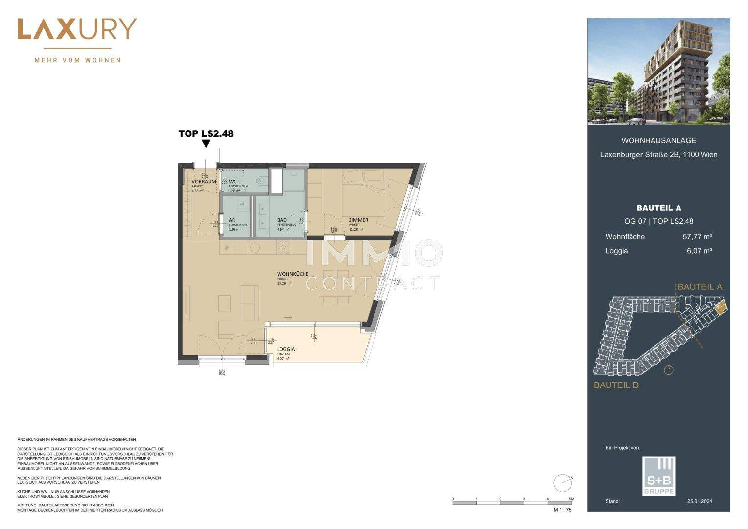 Grundriss einer Wohnung mit Wohnküche, Bad, WC, Zimmer und Loggia.