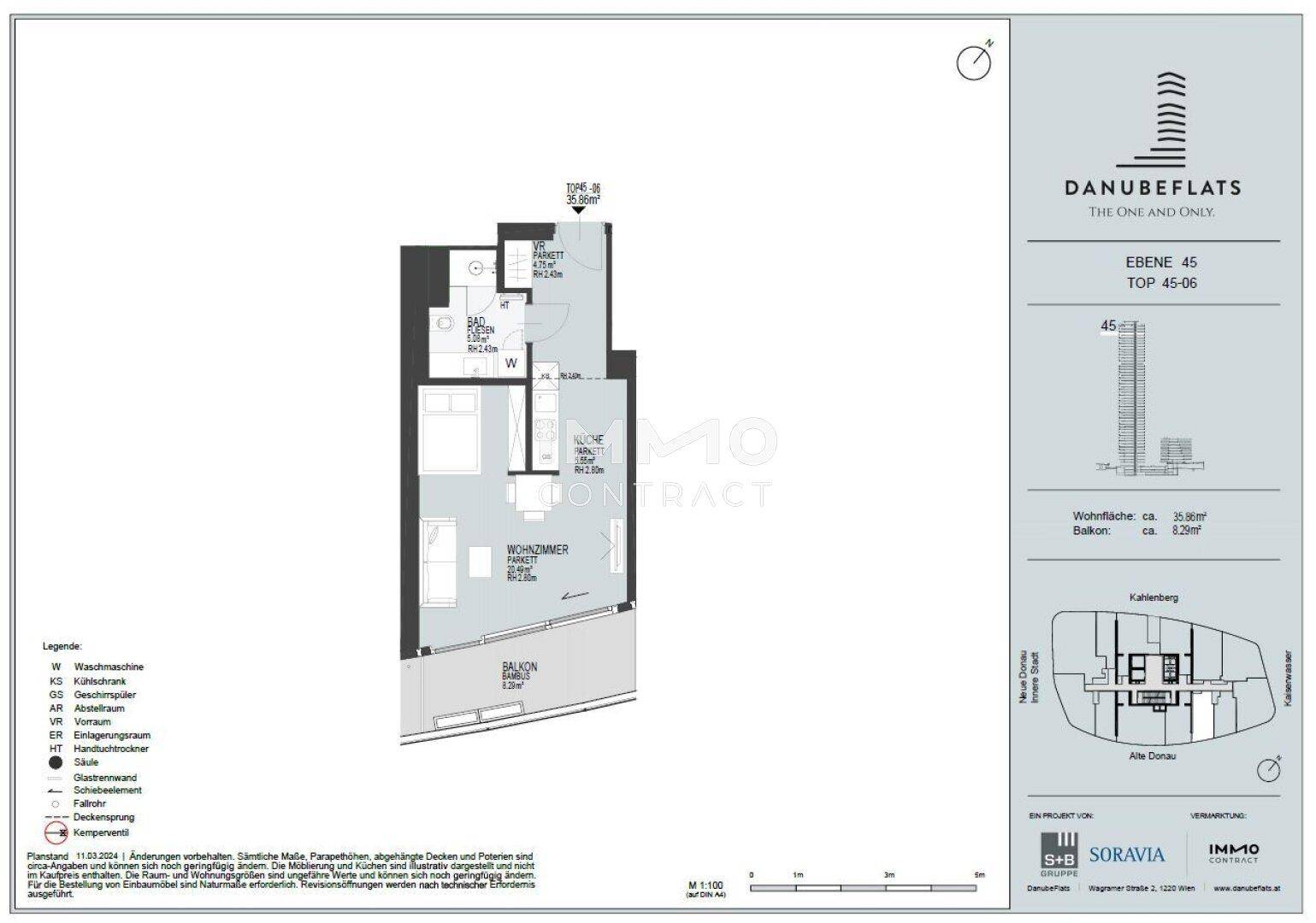 Grundriss der Wohnung auf Ebene 45 mit Wohnzimmer, Schlafzimmer und Balkon.