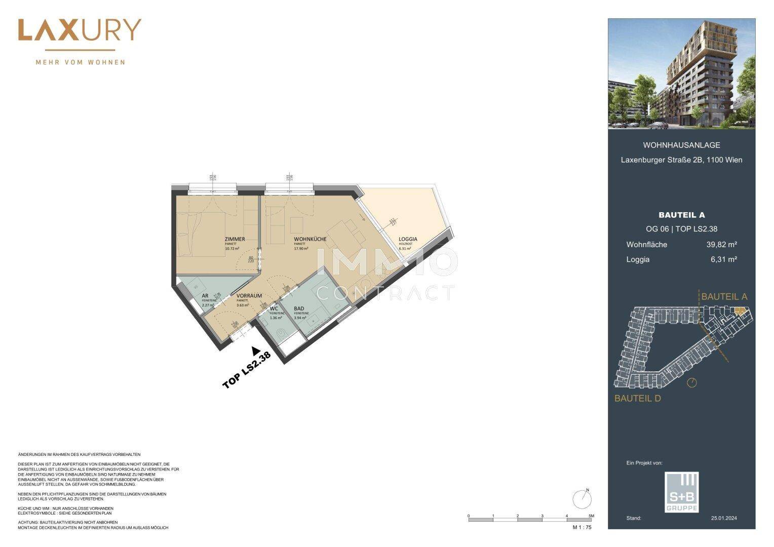 Grundriss einer Wohnung mit Wohnküche, Schlafzimmer und Loggia, Gesamtfläche 39,82 m².
