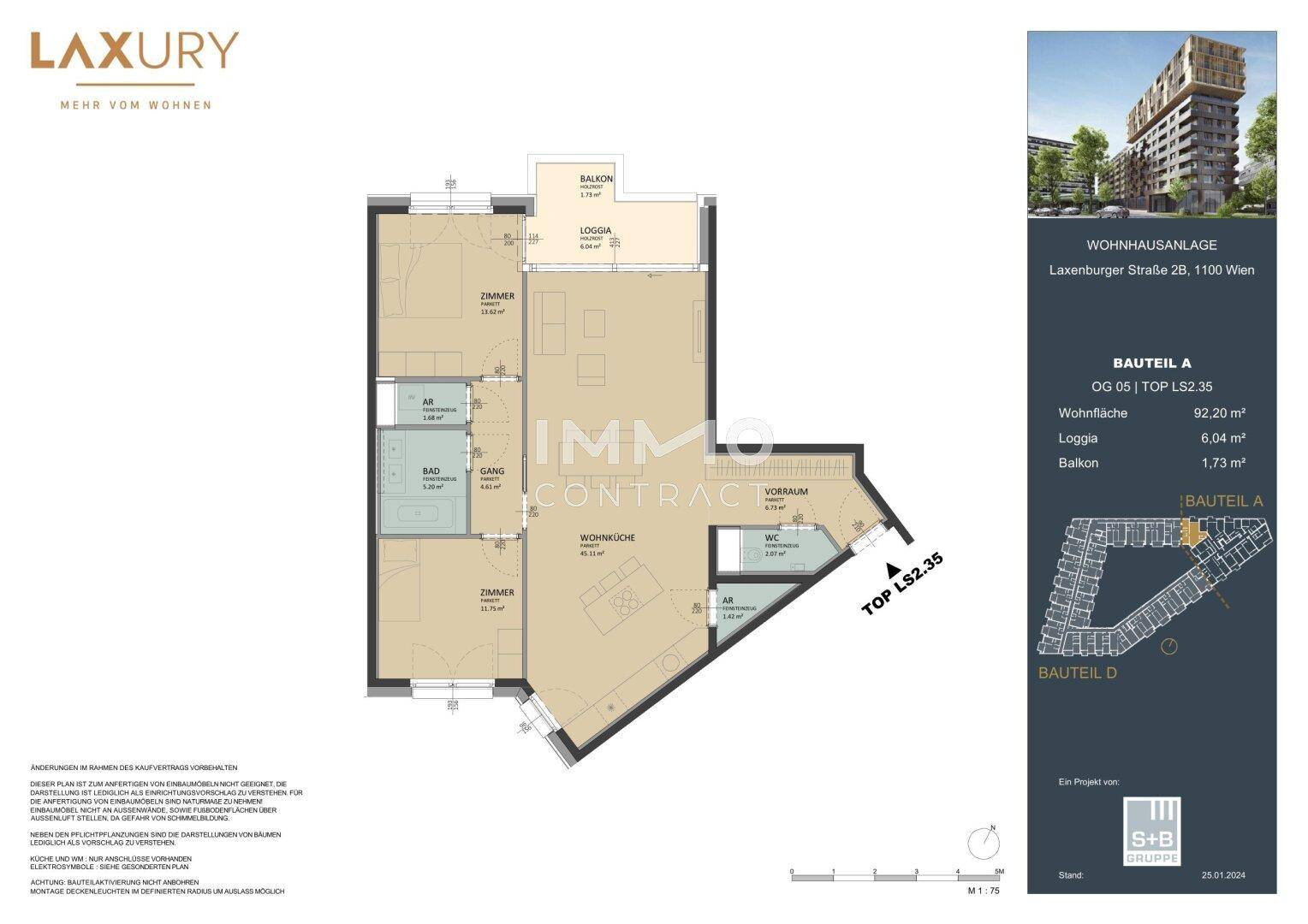 Detaillierter Grundriss einer Wohnung mit Loggia und Balkon, Gesamtfläche 92,20 m².