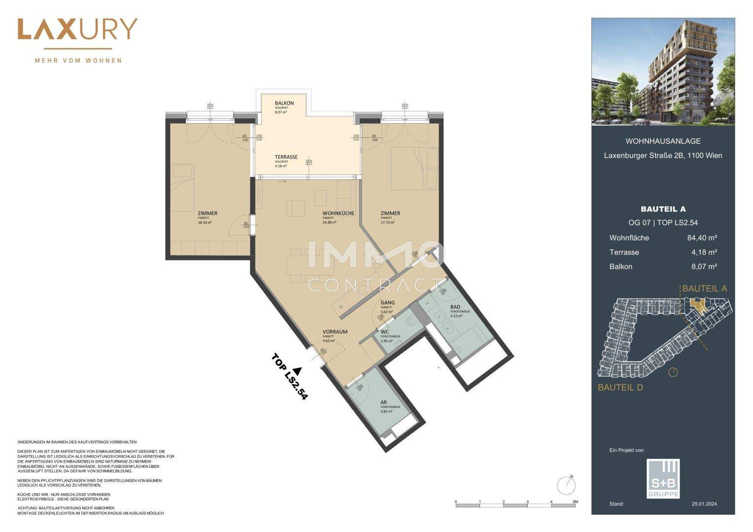 Grundriss einer Wohnung mit Wohnküche, zwei Zimmern, Bad, WC, Vorraum, Terrasse und Balkon.