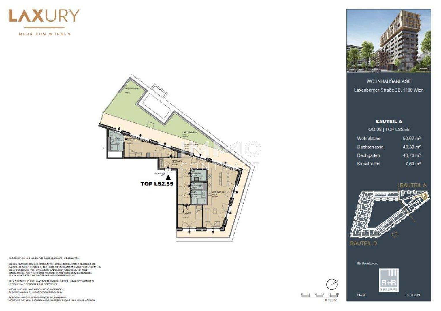 Grundriss einer Dachgeschosswohnung mit Dachterrasse und Dachgarten.