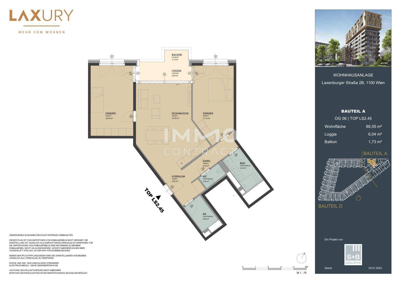 Grundriss einer Wohnung mit Loggia und Balkon, zeigt die Raumaufteilung.