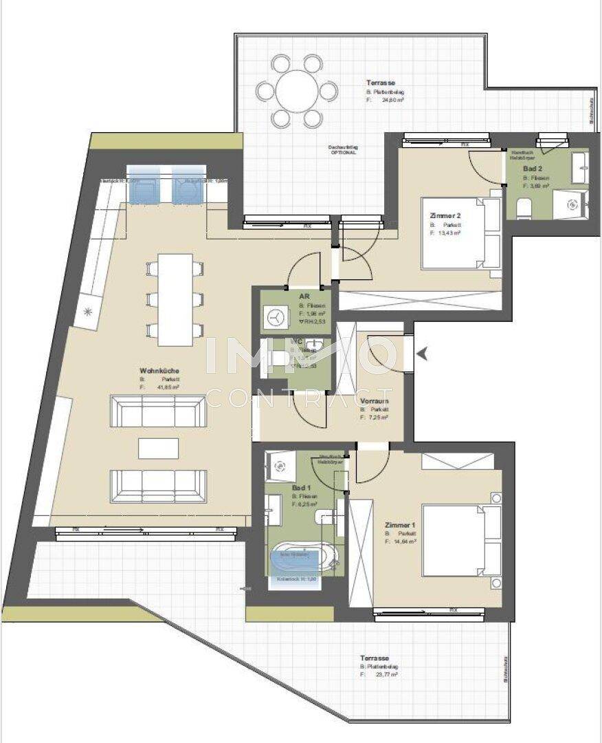 Detaillierter Grundriss einer Wohnung mit Wohnküche, zwei Bädern und zwei Terrassen.