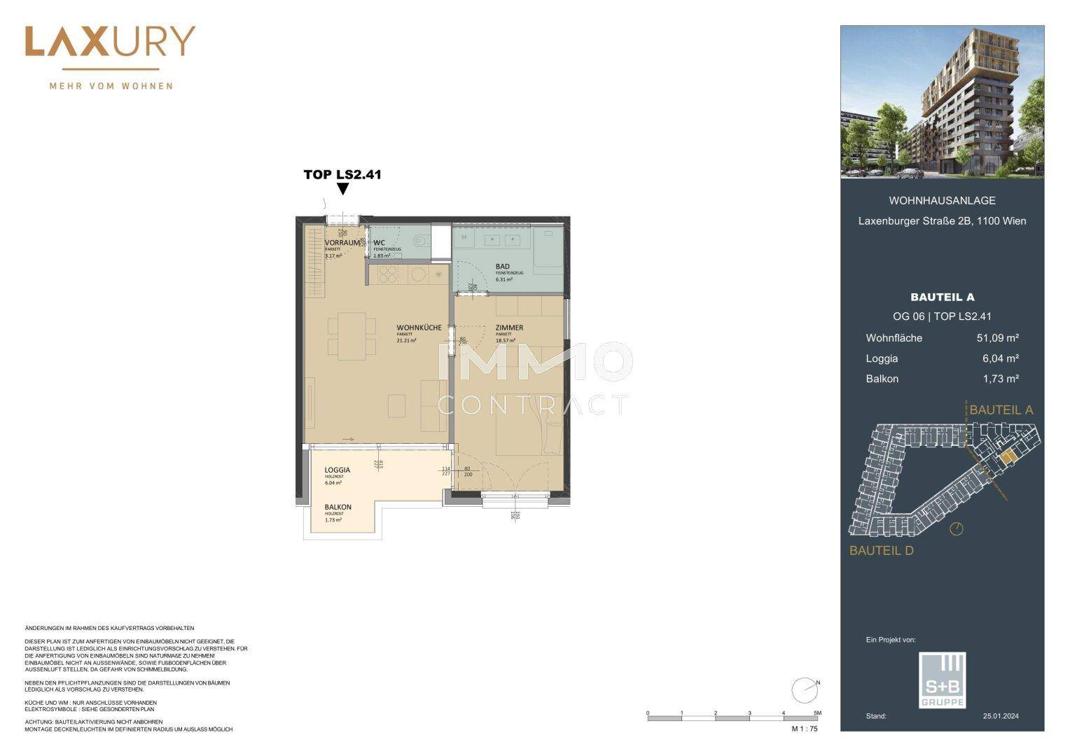 Grundriss einer Wohnung mit Wohnküche, Zimmer, Bad, WC, Loggia und Balkon.