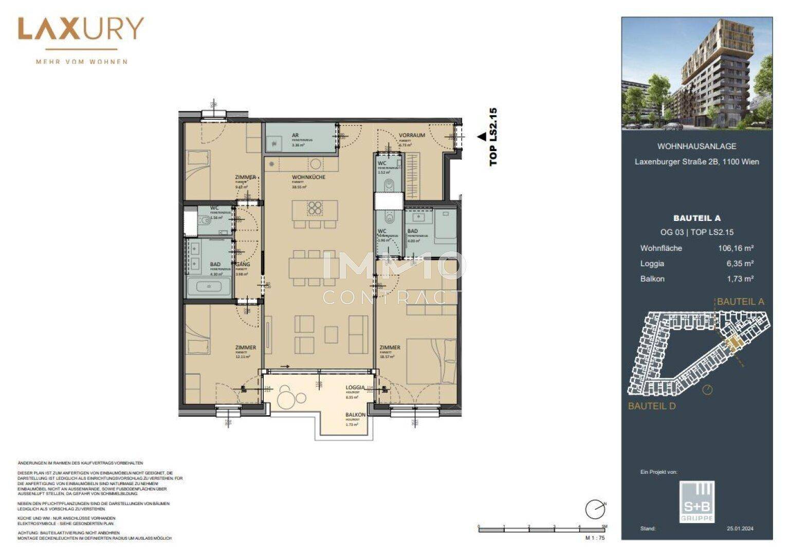 Detaillierter Grundriss einer Wohnung mit drei Zimmern, Loggia und Balkon.