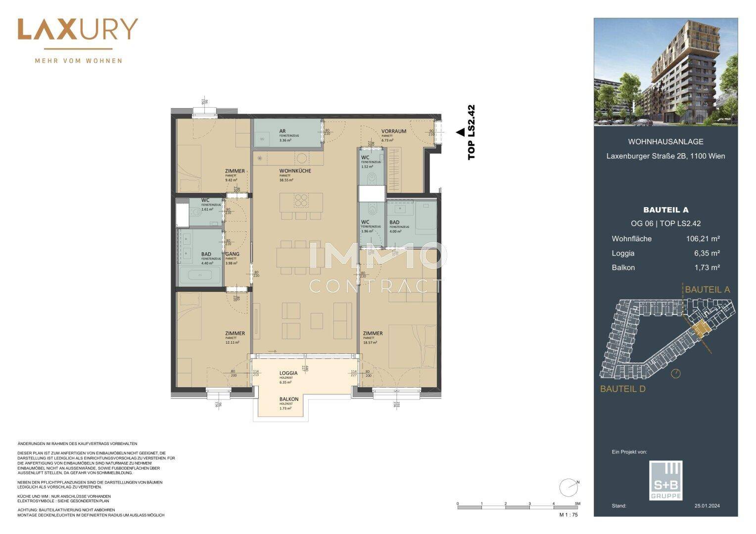 Detaillierter Grundriss einer Wohnung mit Loggia und Balkon, inklusive Raumaufteilung und Flächenangaben.