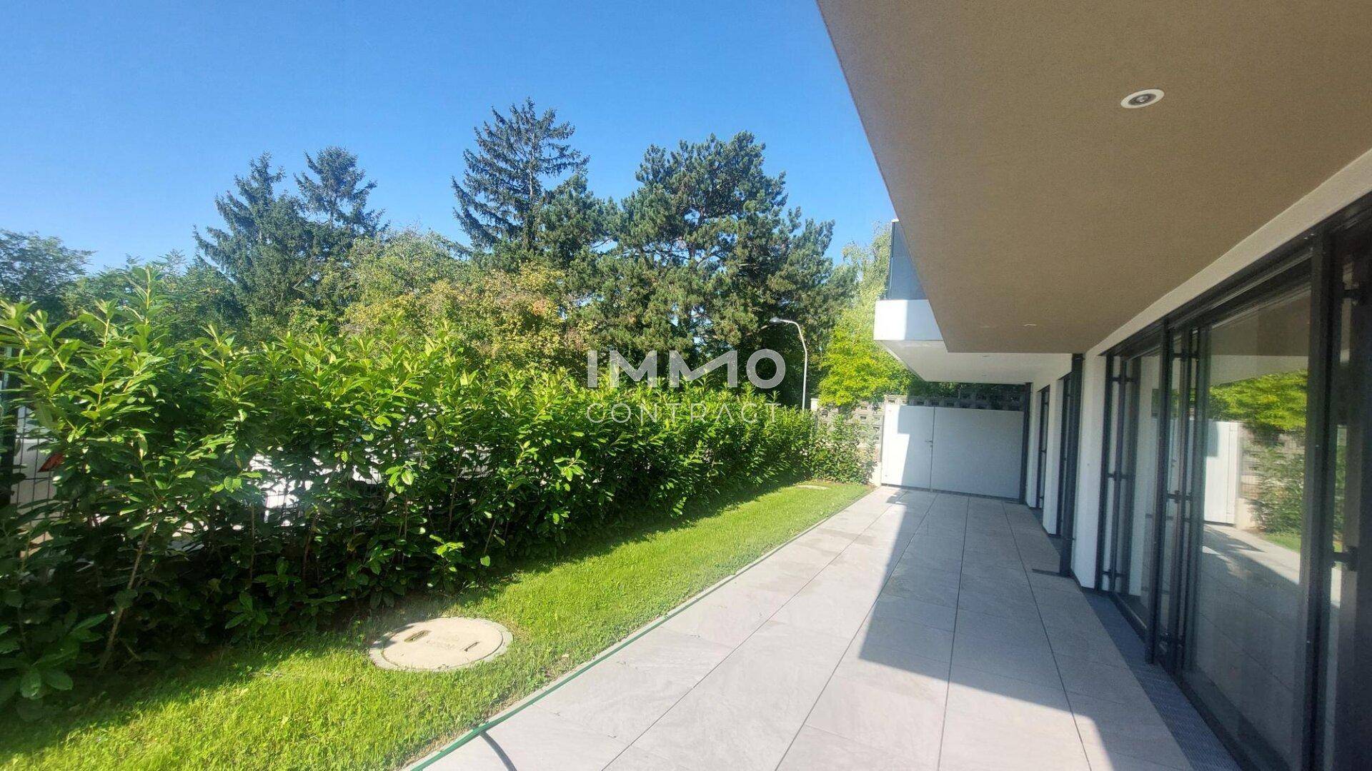 Sonniger Terrassenbereich mit Rasenfläche und Hecke, ideal für Entspannung im Freien.