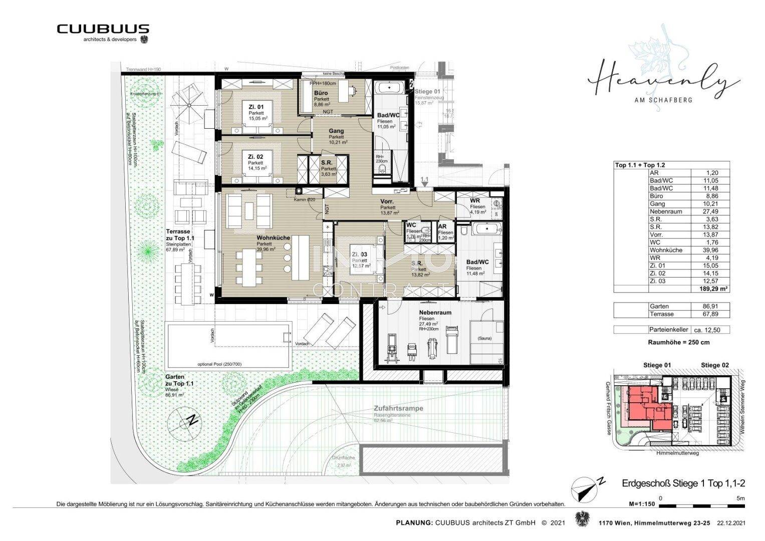Detaillierter Grundriss mit mehreren Zimmern, Terrasse, Garten und Zufahrtsrampe.