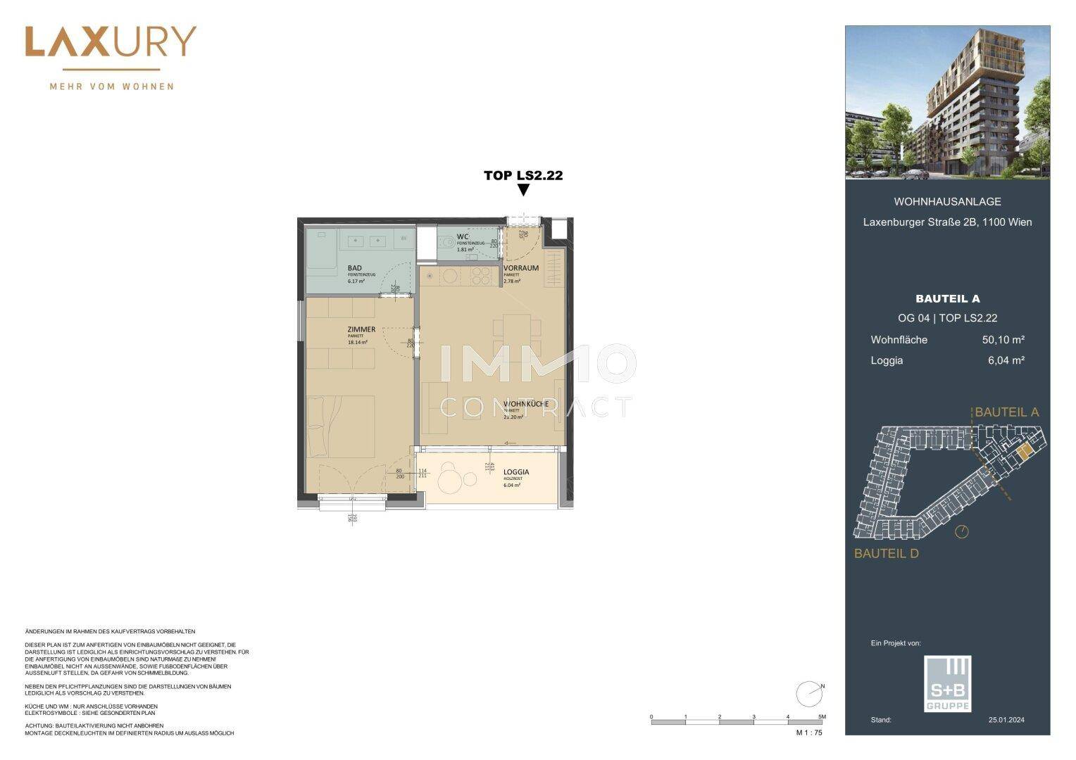 Grundriss der Wohnung TOP LS2.22 mit Schlafzimmer, Bad, WC und offenem Wohnbereich mit Loggia.