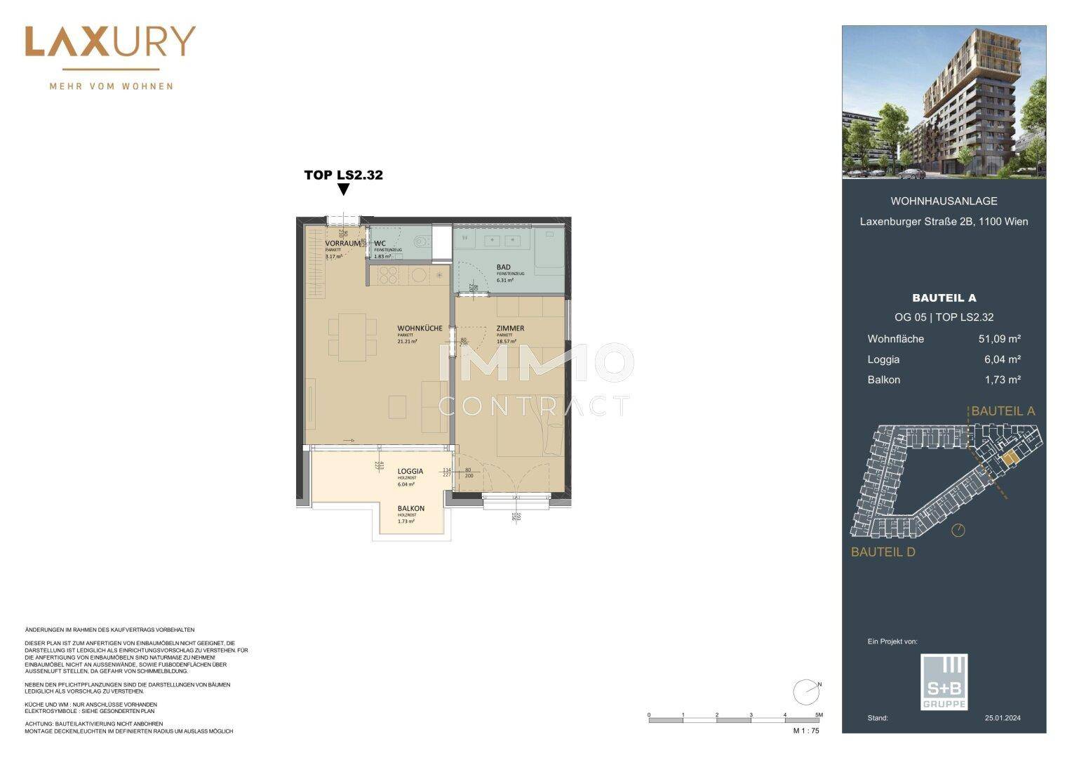 Grundriss einer Wohnung mit Loggia, Balkon und offenem Wohn-Essbereich.
