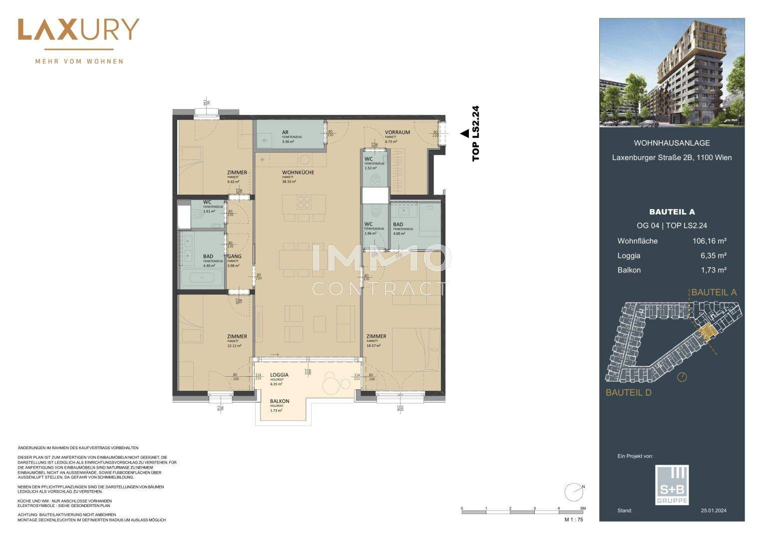 Grundriss einer Wohnung mit drei Zimmern, Loggia und Balkon, zeigt die Raumaufteilung.