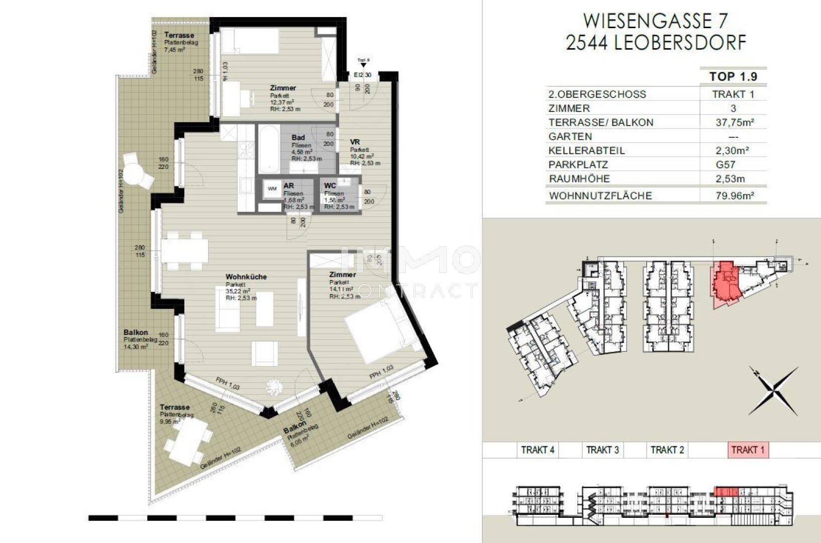 Detaillierter Grundriss einer Wohnung mit mehreren Zimmern, Balkonen und Terrassen.