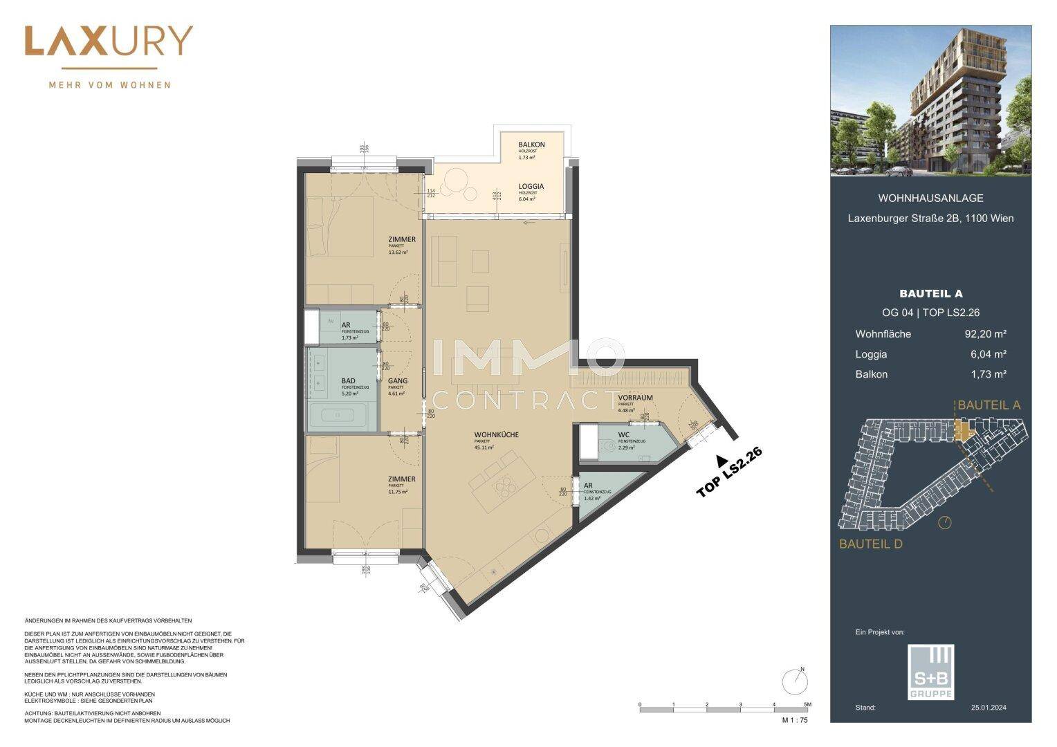 Detaillierter Grundriss einer Wohnung mit Wohnküche, Zimmern, Loggia und Balkon.