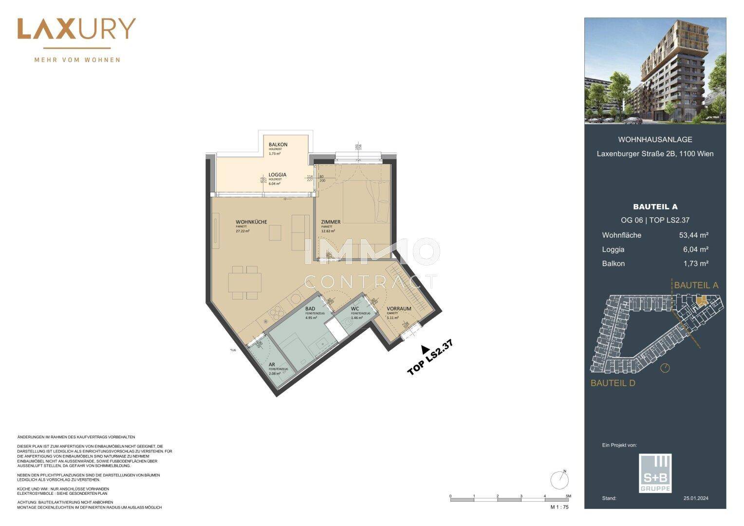 Grundriss einer Wohnung mit Wohnküche, Zimmer, Bad, WC, Loggia und Balkon.