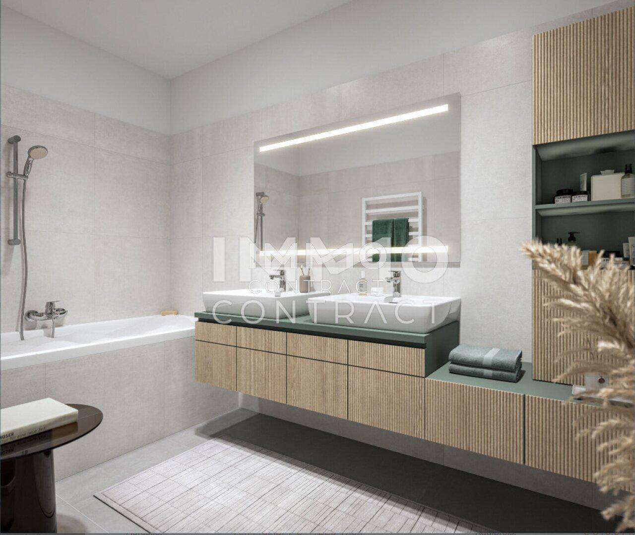 Modernes Badezimmer mit Doppelwaschbecken, Badewanne und eleganten hellen Fliesen.
