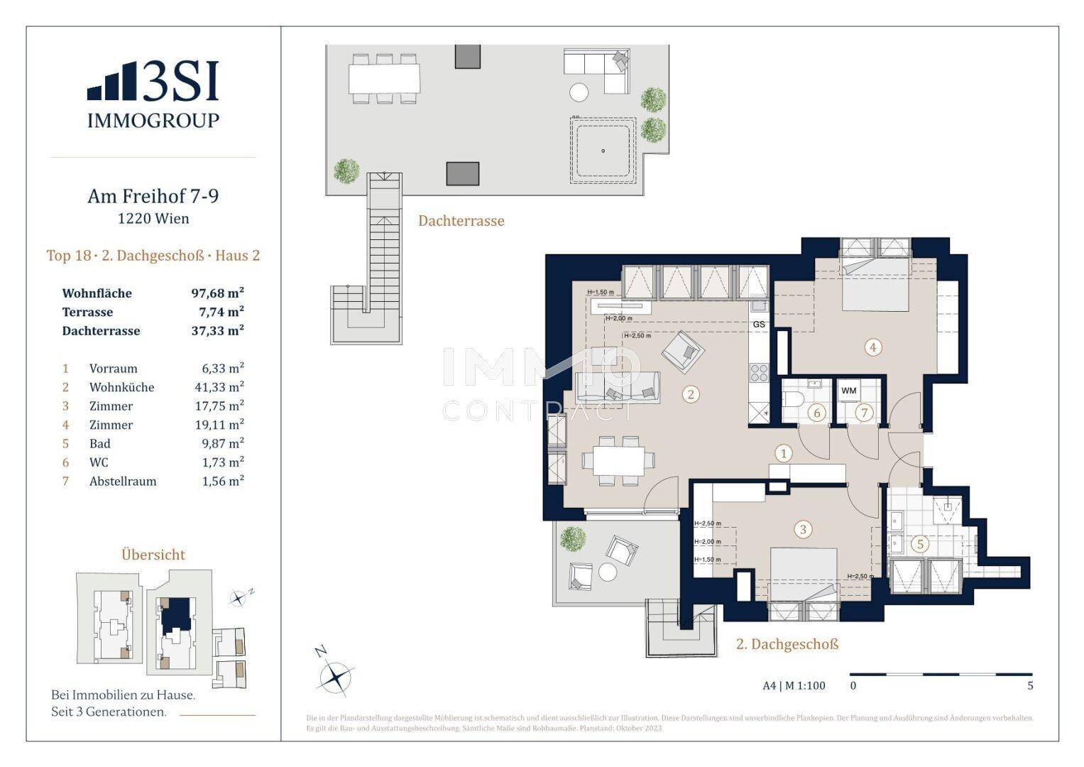 Detaillierter Grundriss des 2. Dachgeschosses mit Wohnfläche, Terrasse und Dachterrasse.