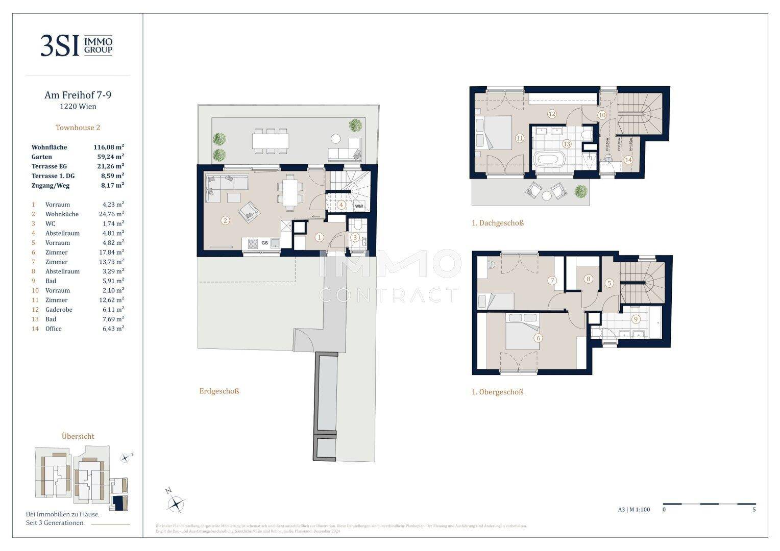 Detaillierter Grundriss eines Townhouses mit Erdgeschoss, Obergeschoss und Dachgeschoss.