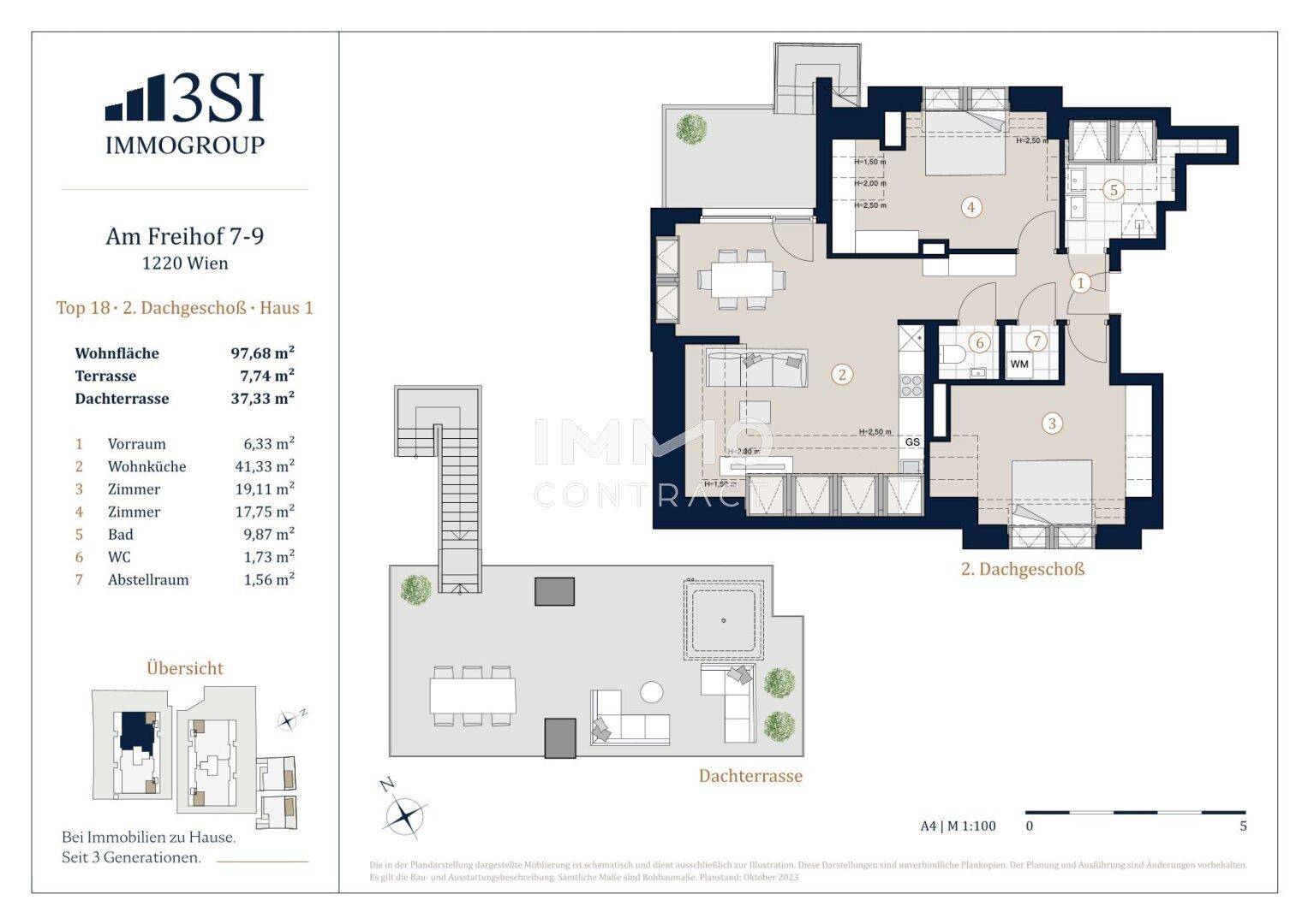 Detaillierter Grundriss des Dachgeschosses mit Dachterrasse und Raumaufteilung.