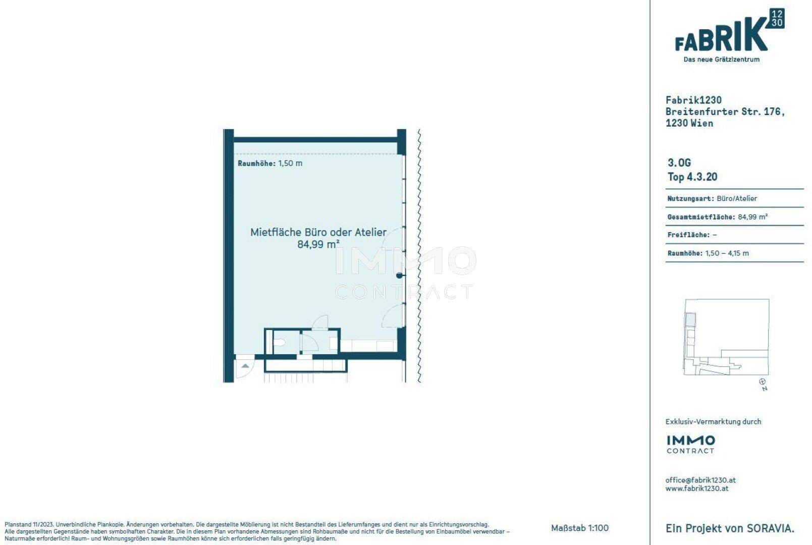 Grundriss einer Büroeinheit oder eines Ateliers mit einer Mietfläche von 84,99 m².